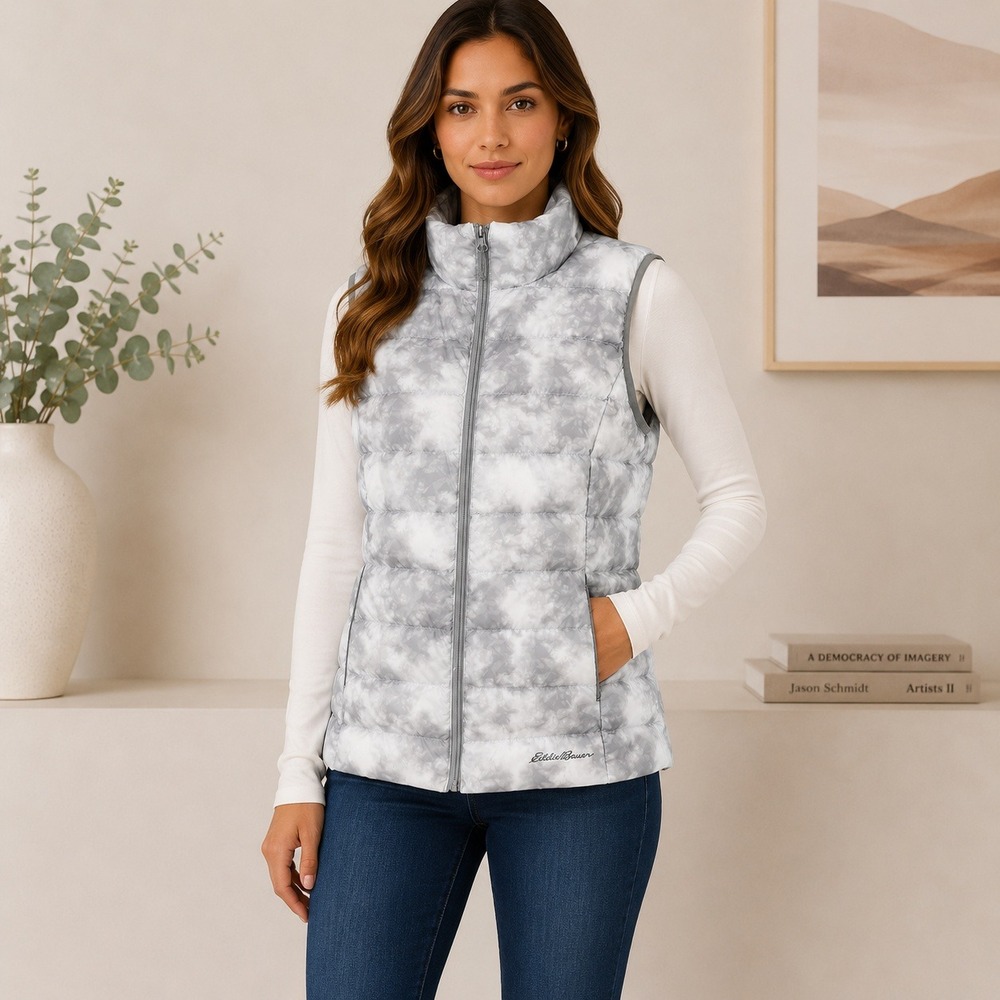 Eddie Bauer Puffer Vest Women Large Gray Tie Dye EB650 Down Outdoor Gorpcore